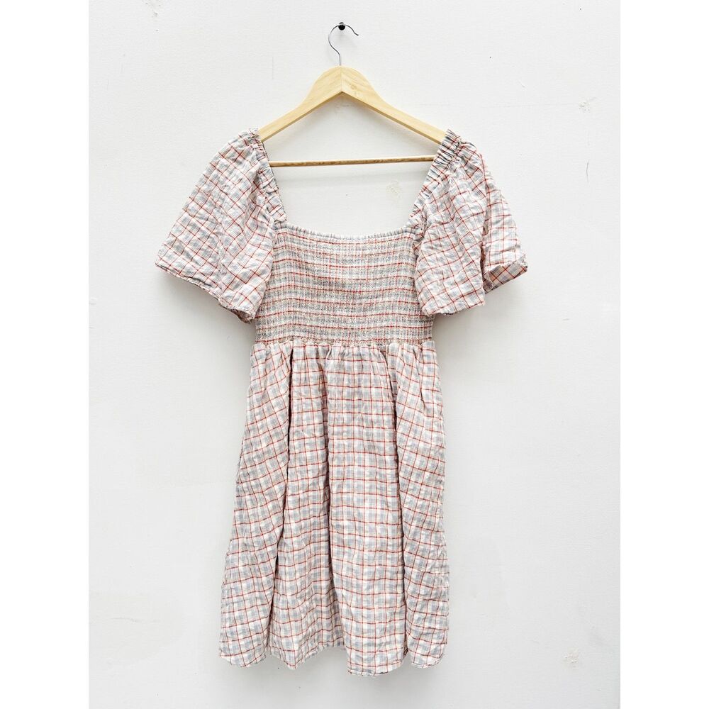 Madewell Plaid Smocked Mini Dress Size S Tie Back Puff Sleeve Cutout